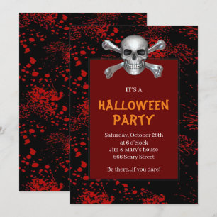 Skull Crossbones Red Splattered Halloween Party Invitation