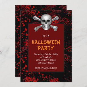 Skull Crossbones Red Splattered Halloween Party Invitation