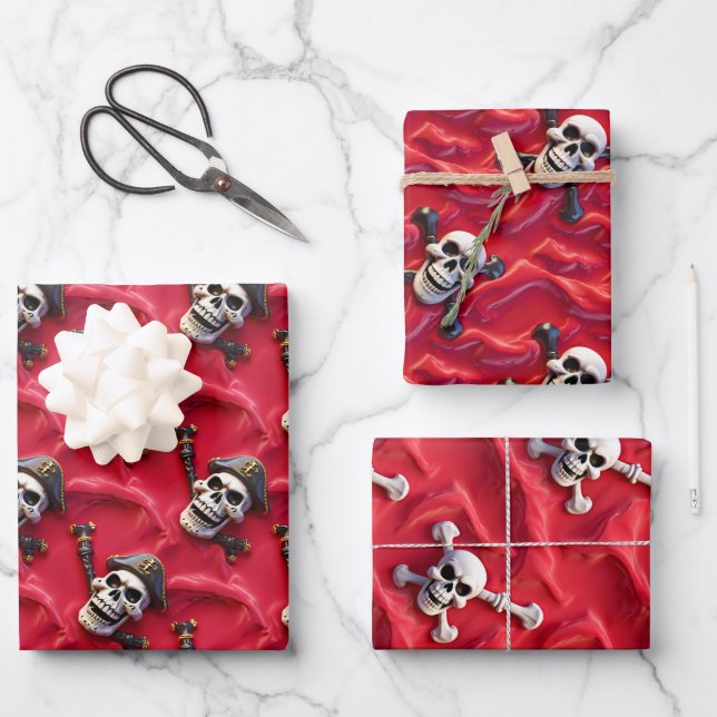 Skull crossbones skeleton halloween pirate theme  wrapping paper sheet (Front)