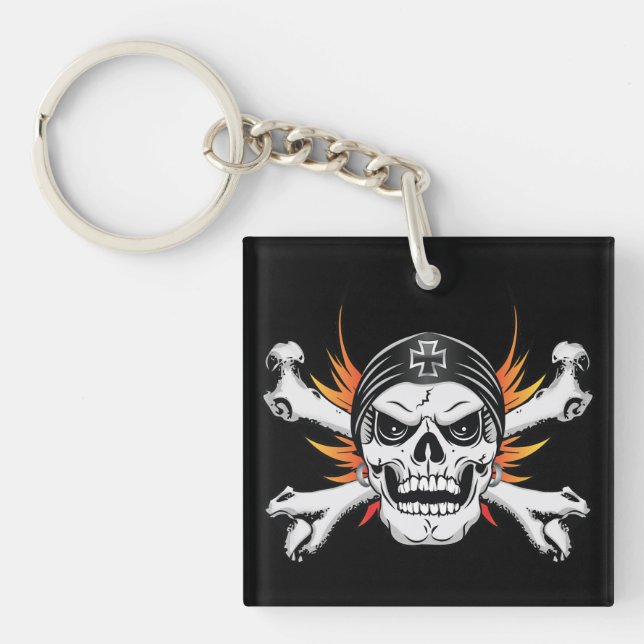 Skull Crossbones with Flaming Wings Key Ring (Front)