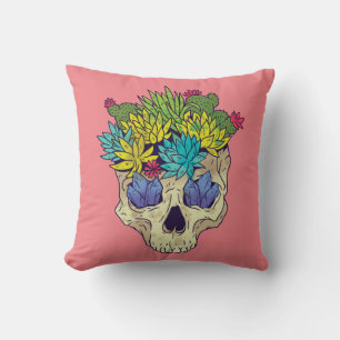 Skull, Crystals, Succulents With Pink Background Cushion