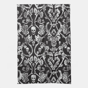Skull damask in black and white. tea towel
