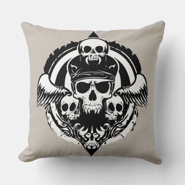 Skull Design Featuring Wings and Symbols Cushion (Front)