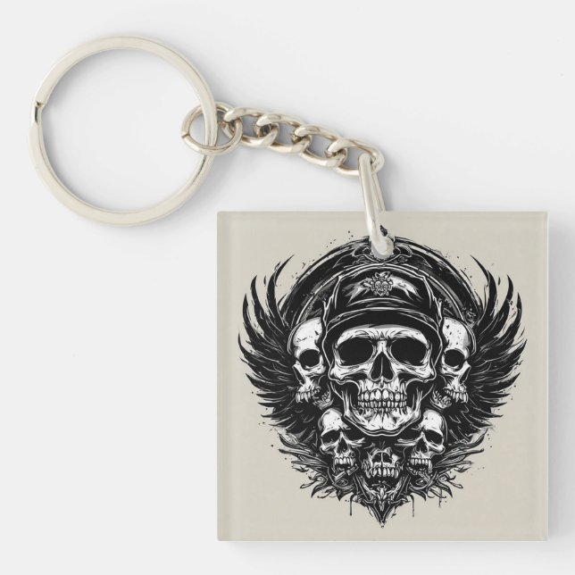 Skull Design Featuring Wings and Symbols Key Ring (Front)