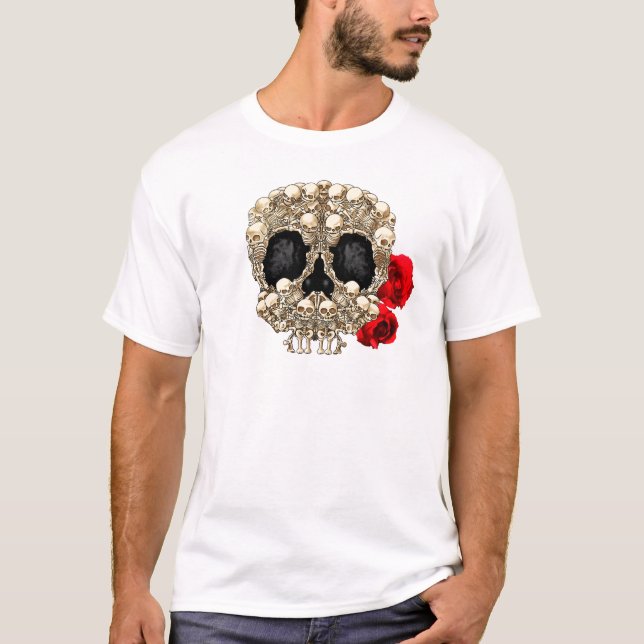 Skull Design - Pyramid of Skulls and Roses T-Shirt (Front)