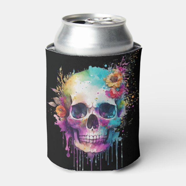 Skull design with colourful splatters can cooler (Can Front)