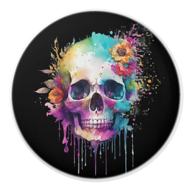 Skull design with colourful splatters ceramic knob (Front)