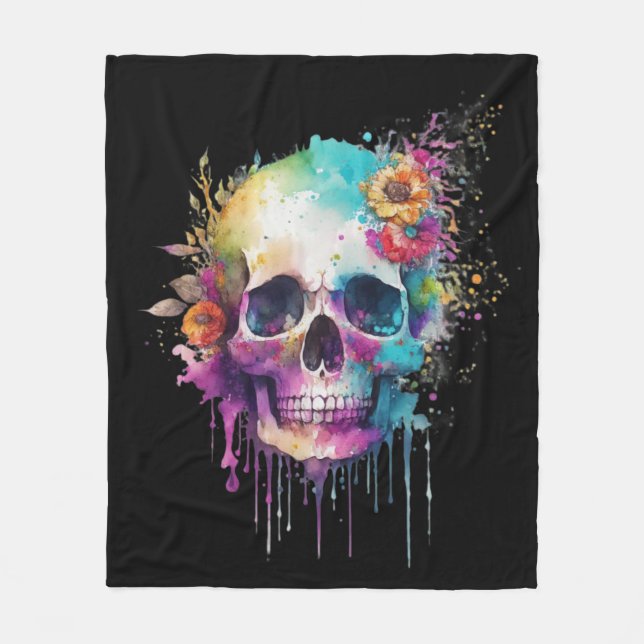 Skull design with colourful splatters fleece blanket (Front)