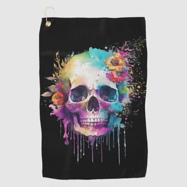 Skull design with colourful splatters golf towel (Front)