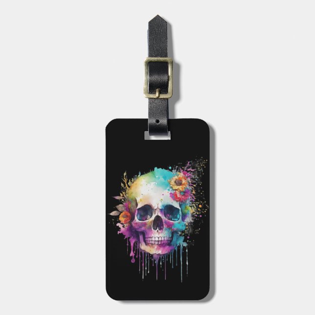 Skull design with colourful splatters luggage tag (Front Vertical)