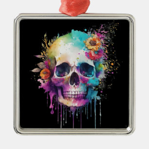 Skull design with colourful splatters metal ornament