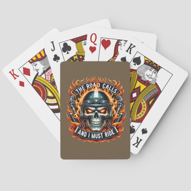 Skull Design With Flames and Motorcycle Elements Playing Cards (Back)