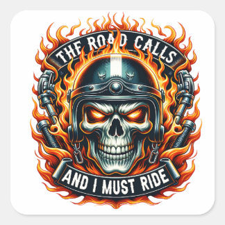 Skull Design With Flames and Motorcycle Elements Square Sticker