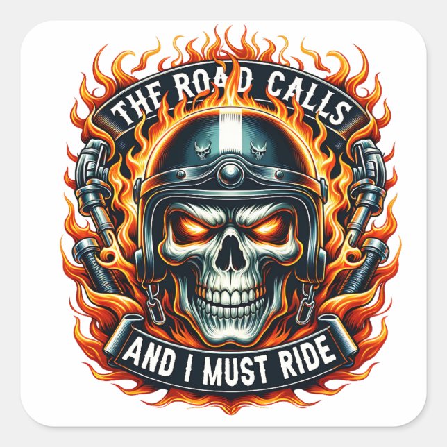 Skull Design With Flames and Motorcycle Elements Square Sticker (Front)