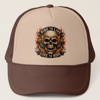 Skull Design With Flames and Motorcycle Elements Trucker Hat