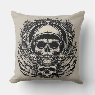 Skull Design with Wings and Symbols Cushion