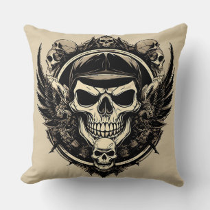 Skull Design with Wings and Symbols Cushion