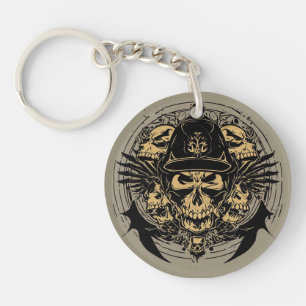 Skull Design with Wings and Symbols Key Ring