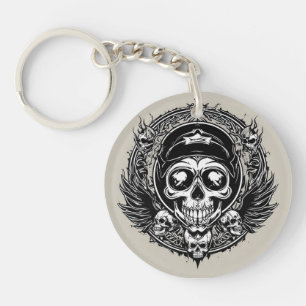 Skull Design with Wings and Symbols Key Ring