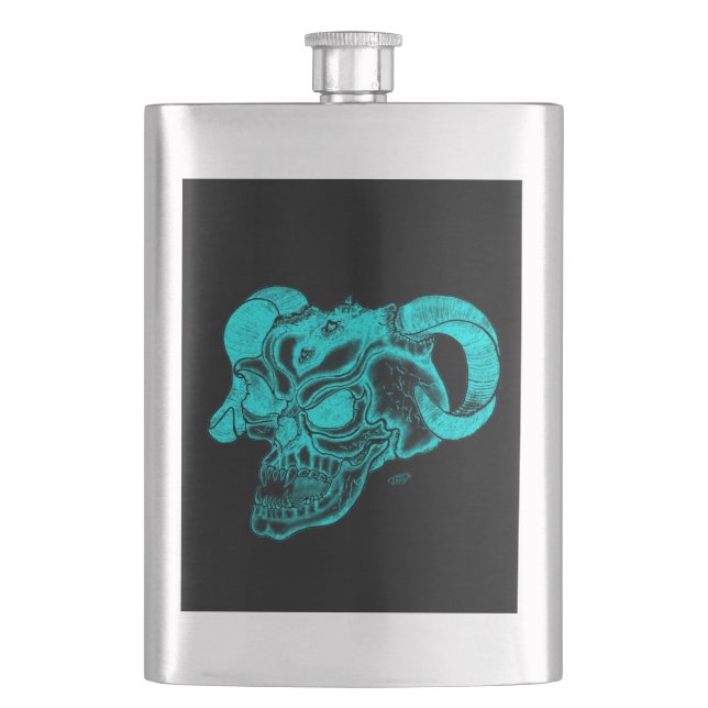 Skull Devil Head Black and Green Design Hip Flask (Front)