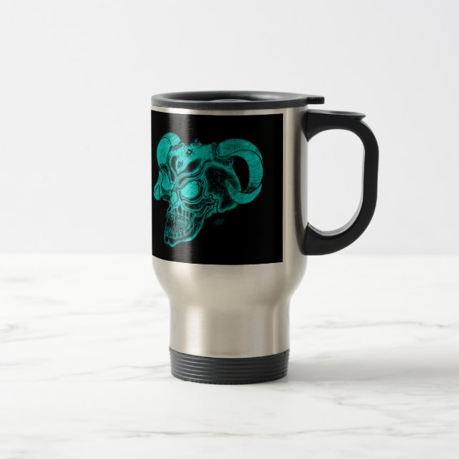 Skull Devil Head Black and Green Design Travel Mug (Right)