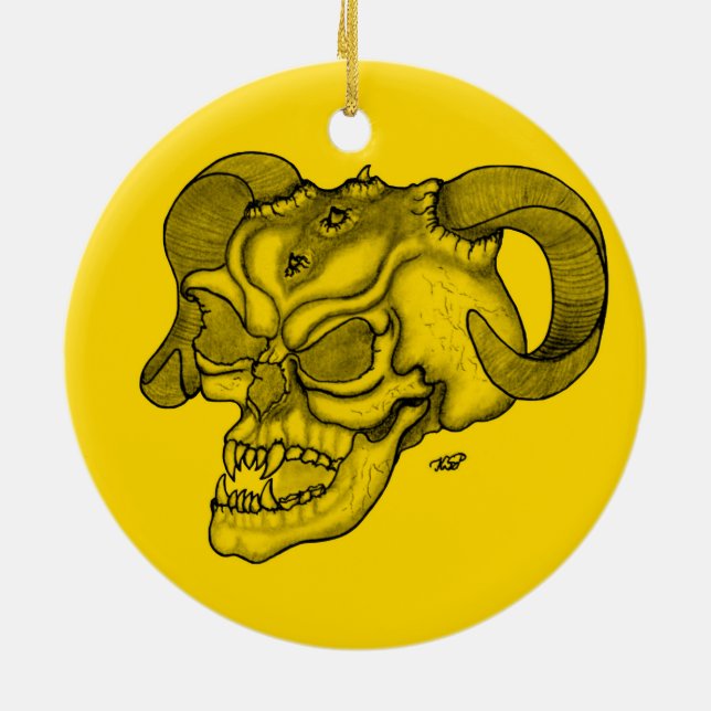 Skull Devil head Black and Yellow Design Ceramic Tree Decoration (Back)