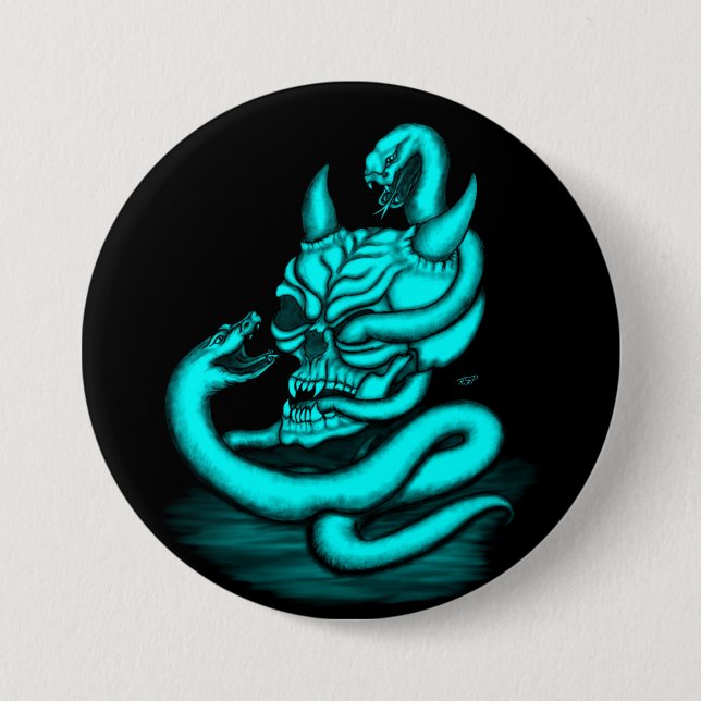 Skull - Devil Head with Snake 7.5 Cm Round Badge (Front)
