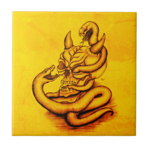 Skull - Devil Head with Snake Ceramic Tile