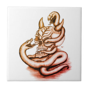 Skull - Devil Head with Snake Ceramic Tile