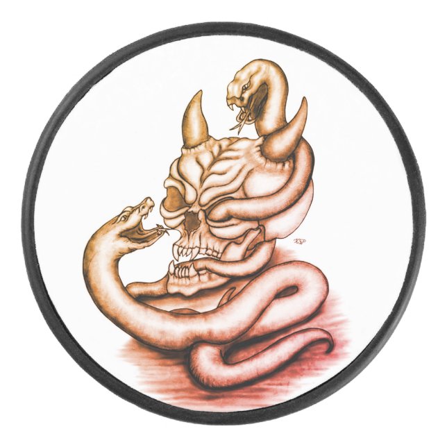 Skull - Devil Head with Snake Hockey Puck (Front)