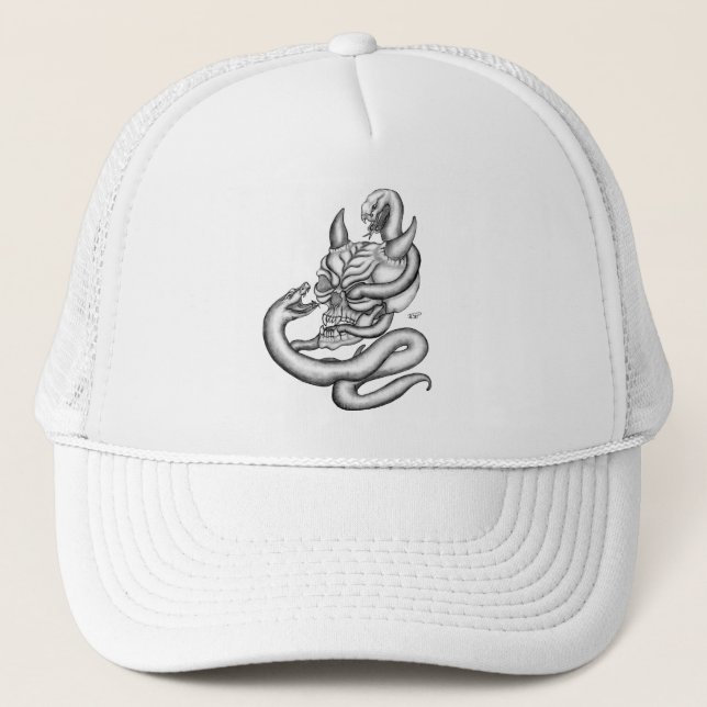 Skull - devil heads with snake trucker hat (Front)