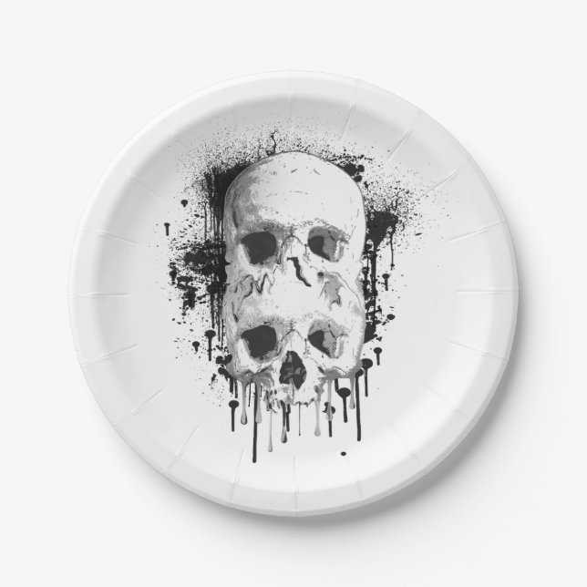 Skull Drip Black Ink Graphic Party Paper Plate (Front)