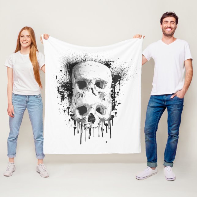Skull Drip Black Ink Splatter Graphic Fleece Blanket (In Situ)