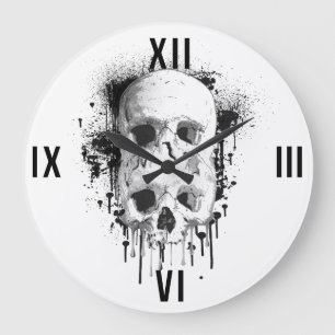 Skull Drip Black Ink Splatter Graphic Large Clock