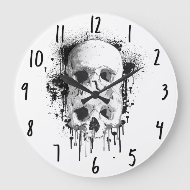 Skull Drip Black Ink Splatter Graphic Large Clock (Front)