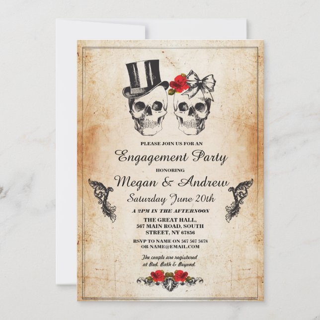 Skull Engagement Party Halloween Gothic Invite (Front)
