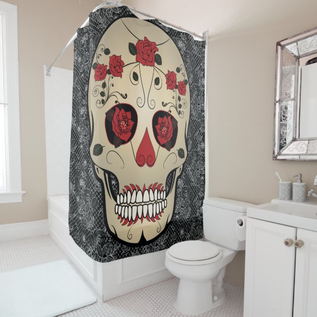 Skull Face With Lady Bug Eyes Sugar Skull Shower Curtain (In Situ)