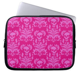 Skull Flame Damask in bubblegum pink on hot pink Laptop Sleeve
