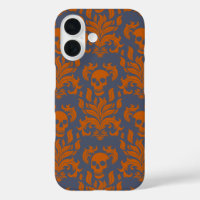 Skull Flame Damask in clashing orange on blue grey