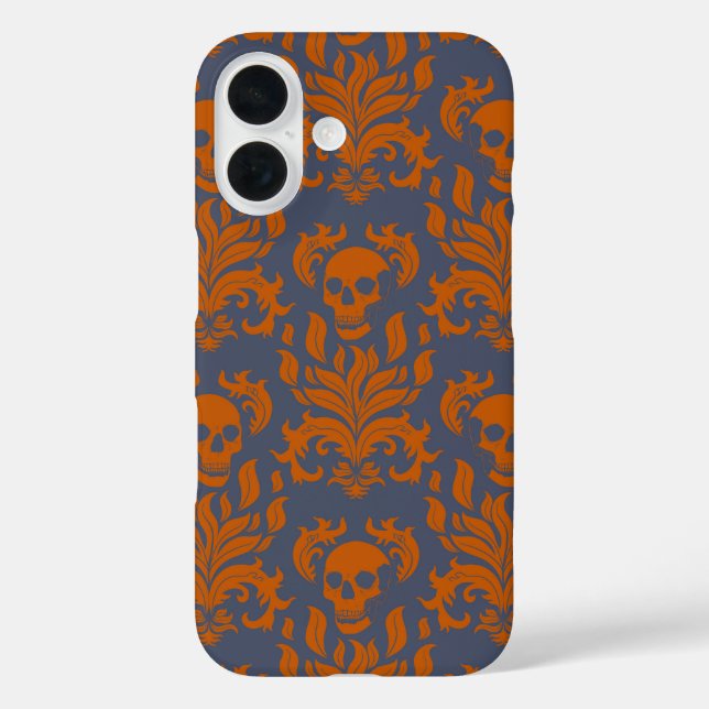 Skull Flame Damask in clashing orange on blue grey Case-Mate iPhone Case (Back)