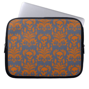 Skull Flame Damask in clashing orange on blue grey Laptop Sleeve