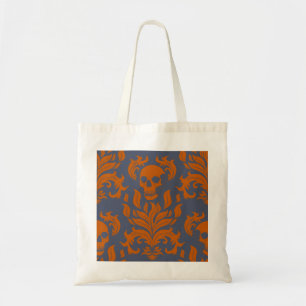 Skull Flame Damask in clashing orange on blue grey Tote Bag