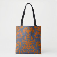Skull Flame Damask in clashing orange on blue grey