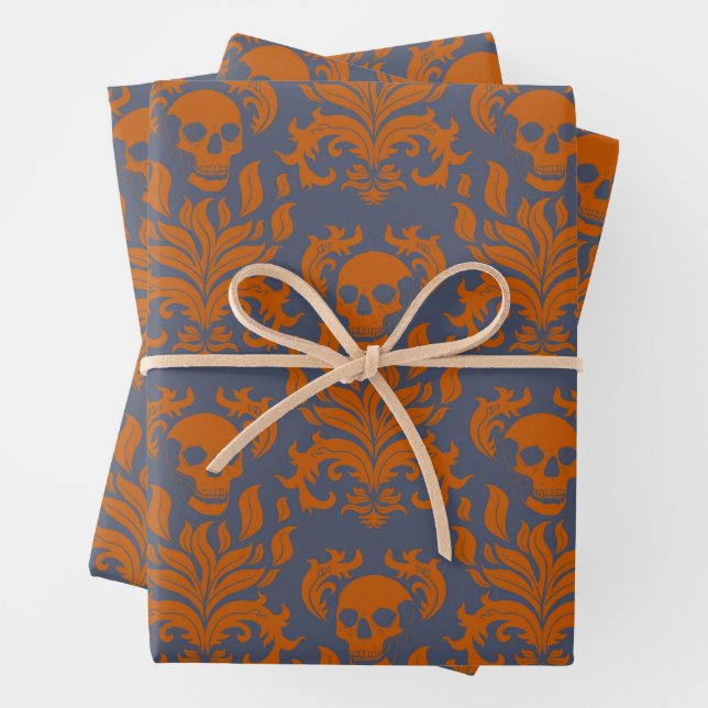 Skull Flame Damask in clashing orange on blue grey Wrapping Paper Sheet (In situ)