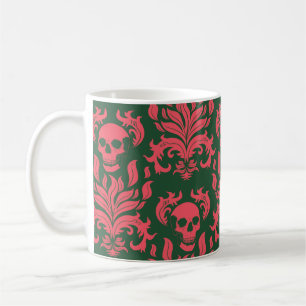 Skull Flame Damask in clashing pink on dark green Coffee Mug