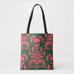 Skull Flame Damask in clashing pink on dark green Tote Bag