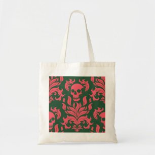 Skull Flame Damask in clashing pink on dark green Tote Bag