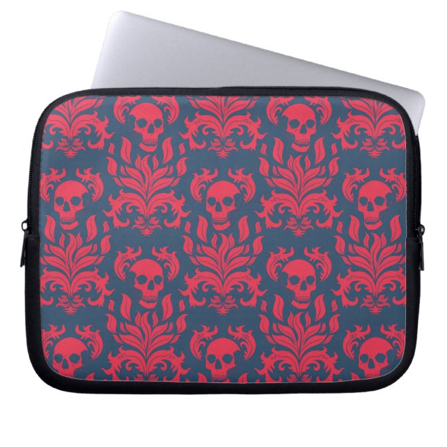 Skull Flame Damask in clashing red on blue Laptop Sleeve (Front)