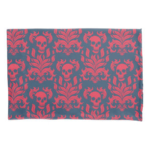 Skull Flame Damask in clashing red on blue Pillowcase