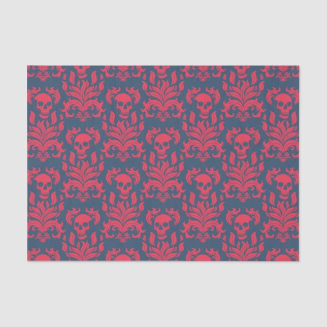 Skull Flame Damask in clashing red on blue Tissue Paper (Front)